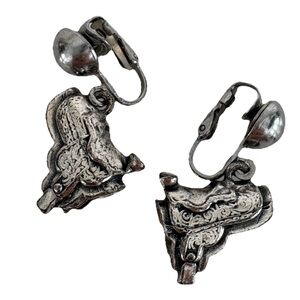 Silver Western Saddle Clip-On Dangle Earrings Signed